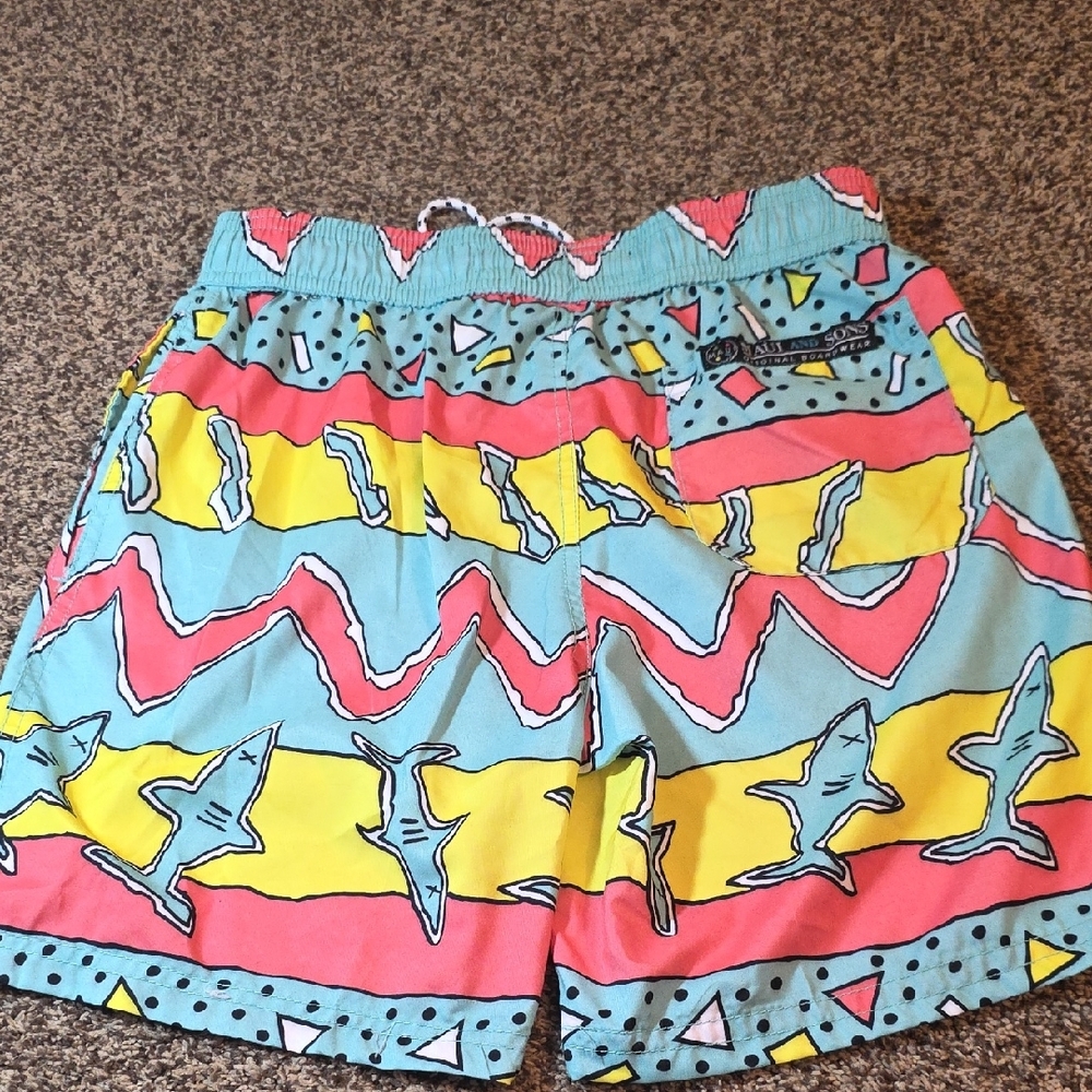 Colorful Shark Print Swim Shorts Size Medium - Picture 6 of 7